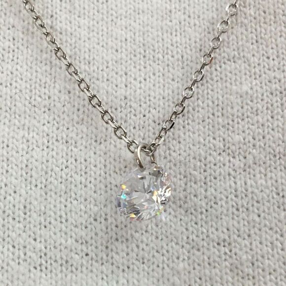 Sterling Silver Necklace Cubic Zirconia CZ 6mm Charm 17.5in Chain - Picture 1 of 16